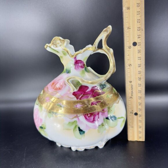 Antique Nippon Hand Painted Green Vase Pitcher Ewer Floral Gold Trim Porcelain - Picture 5 of 16